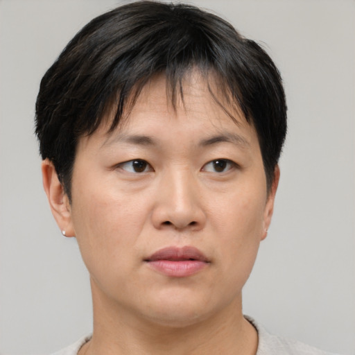 Neutral asian adult female with short  brown hair and brown eyes