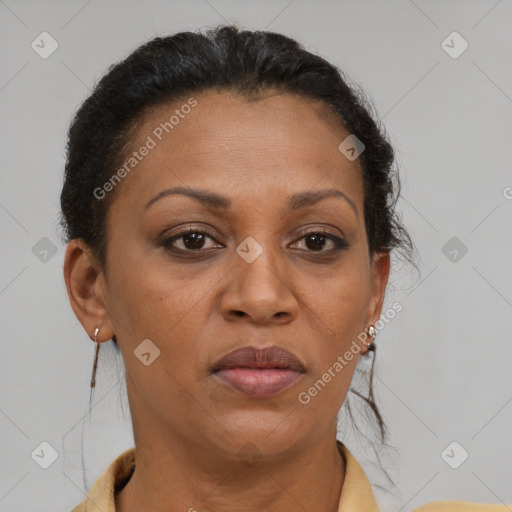 Joyful black adult female with short  brown hair and brown eyes