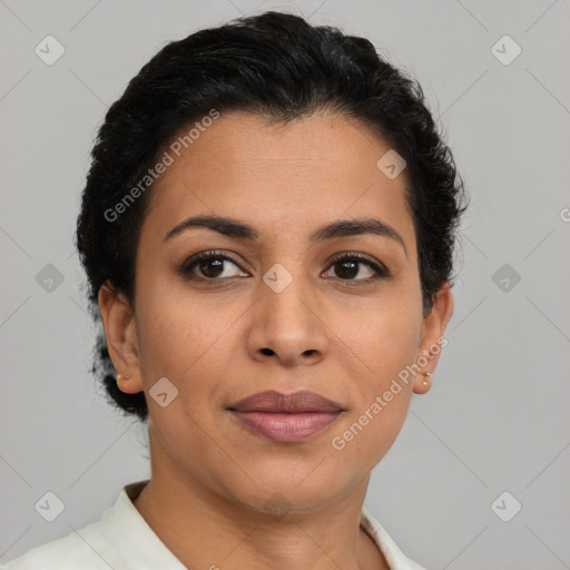 Joyful latino young-adult female with short  brown hair and brown eyes