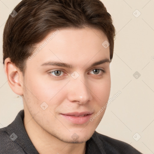 Neutral white young-adult male with short  brown hair and brown eyes