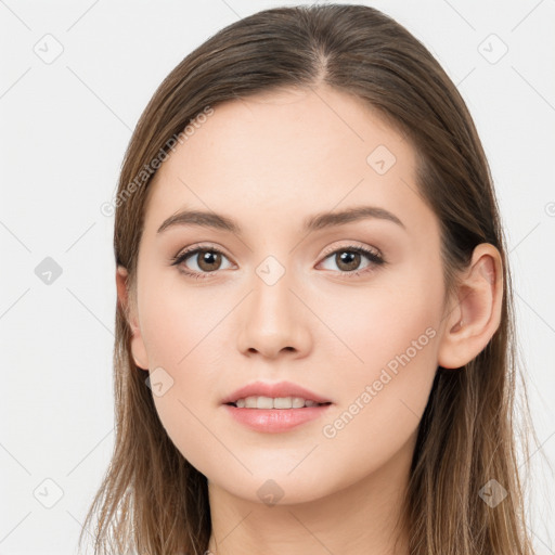 Neutral white young-adult female with long  brown hair and brown eyes