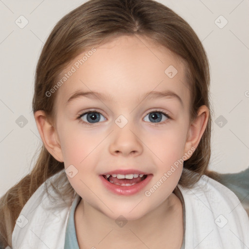 Joyful white child female with medium  brown hair and grey eyes