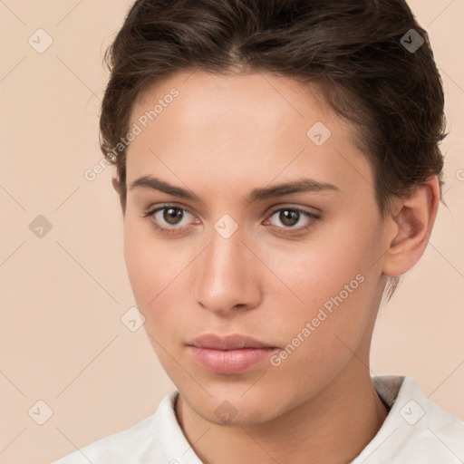 Neutral white young-adult female with medium  brown hair and brown eyes