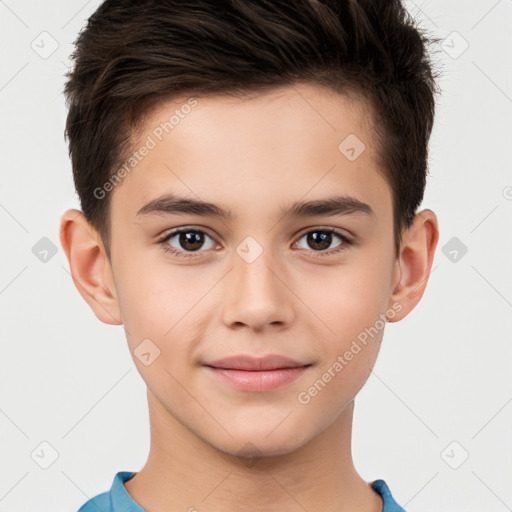 Joyful white child male with short  brown hair and brown eyes