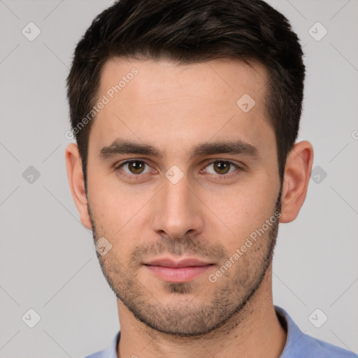 Neutral white young-adult male with short  brown hair and brown eyes