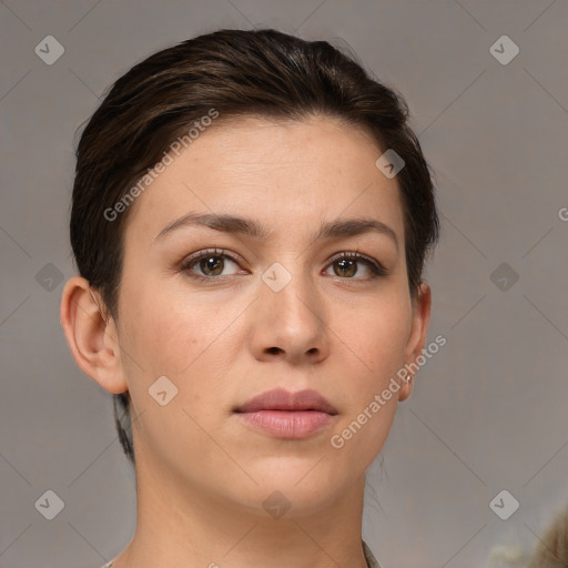 Neutral white young-adult female with short  brown hair and brown eyes