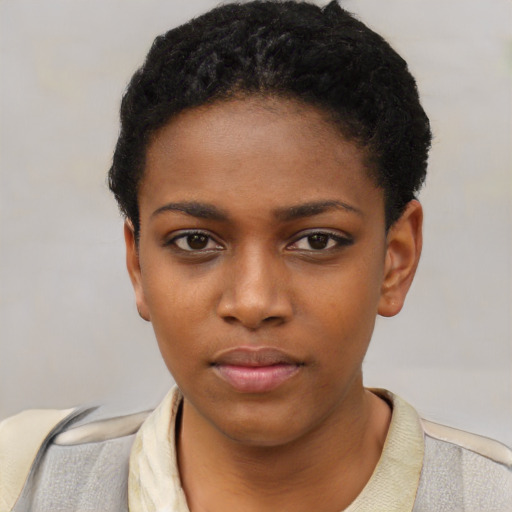 Neutral black young-adult female with short  black hair and brown eyes