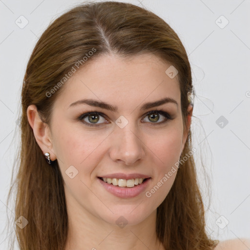 Joyful white young-adult female with long  brown hair and green eyes