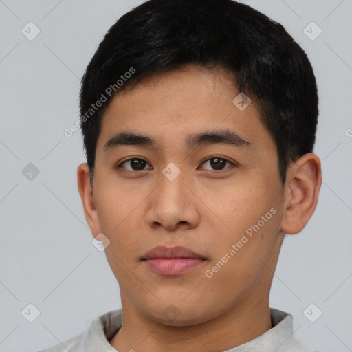 Neutral asian young-adult male with short  brown hair and brown eyes