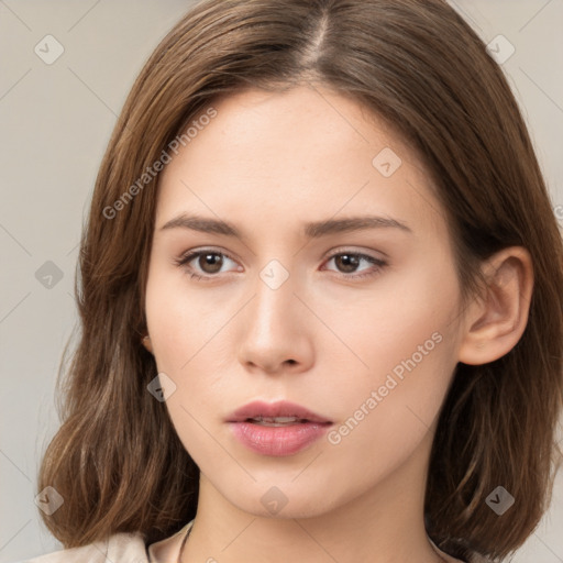 Neutral white young-adult female with medium  brown hair and brown eyes