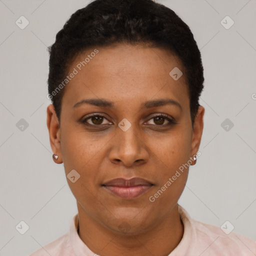 Joyful black young-adult female with short  black hair and brown eyes