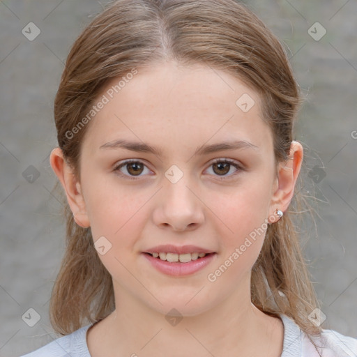 Joyful white child female with medium  brown hair and grey eyes