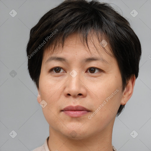 Joyful asian adult female with short  brown hair and brown eyes