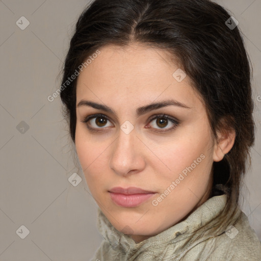 Neutral white young-adult female with medium  brown hair and brown eyes