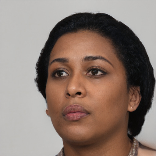 Neutral asian young-adult female with short  black hair and brown eyes