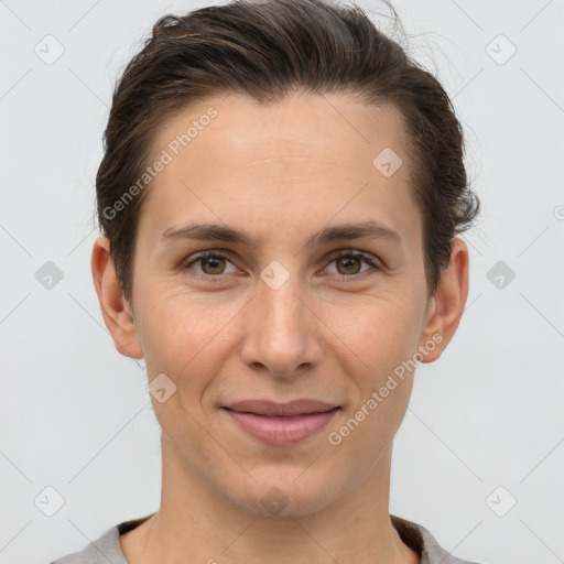 Joyful white young-adult female with short  brown hair and brown eyes