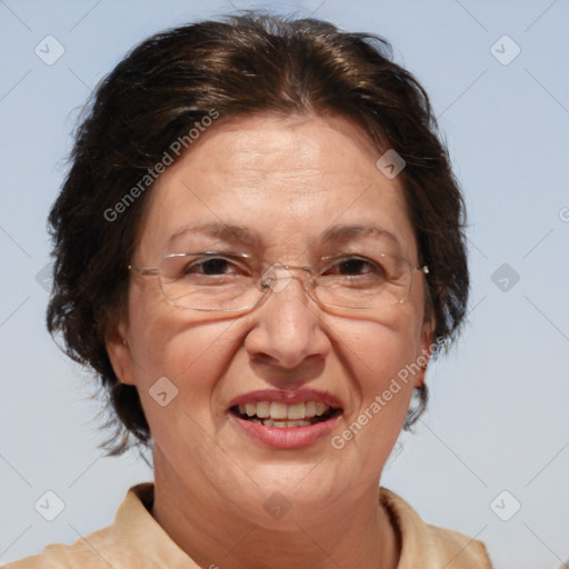 Joyful white middle-aged female with medium  brown hair and brown eyes