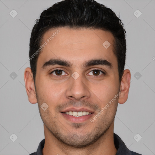 Joyful white young-adult male with short  brown hair and brown eyes