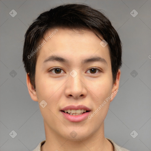 Joyful asian young-adult male with short  brown hair and brown eyes