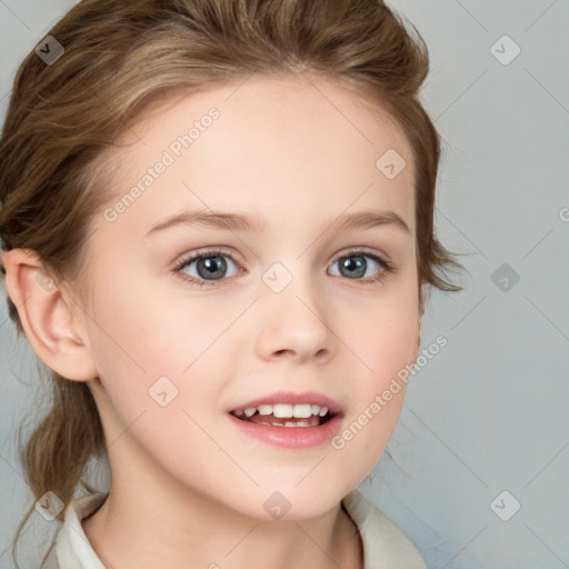 Joyful white child female with medium  brown hair and blue eyes