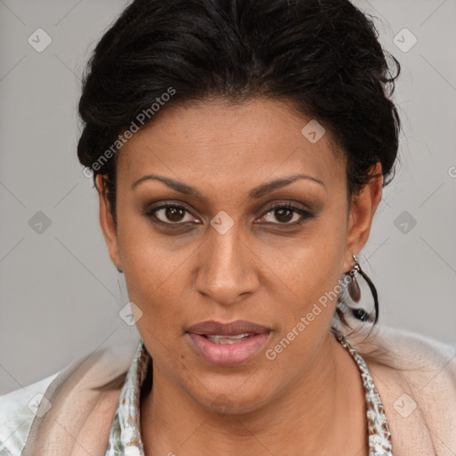 Joyful latino young-adult female with short  brown hair and brown eyes