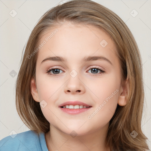 Joyful white child female with medium  brown hair and brown eyes