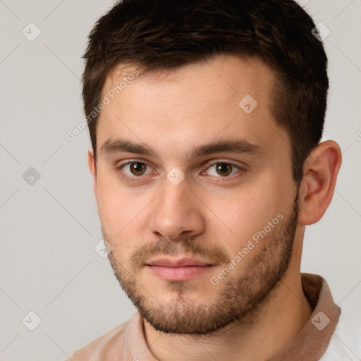 Neutral white young-adult male with short  brown hair and brown eyes