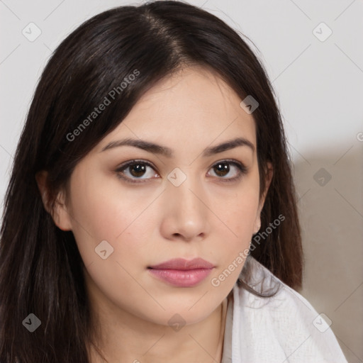 Neutral white young-adult female with long  brown hair and brown eyes