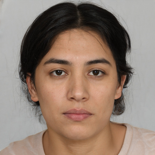 Neutral asian young-adult female with medium  black hair and brown eyes