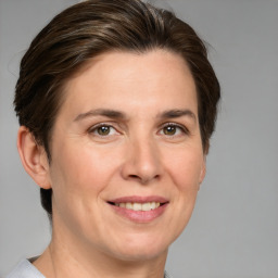 Joyful white adult female with medium  brown hair and grey eyes