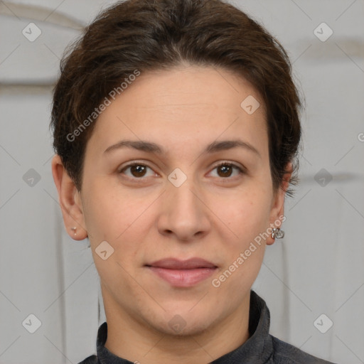 Joyful white adult female with short  brown hair and brown eyes