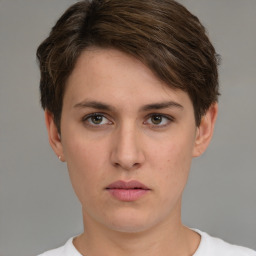 Neutral white young-adult female with short  brown hair and brown eyes