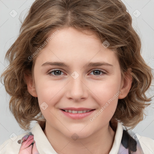 Joyful white child female with medium  brown hair and brown eyes