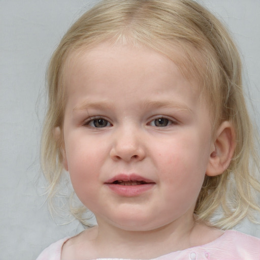 Joyful white child female with medium  brown hair and blue eyes