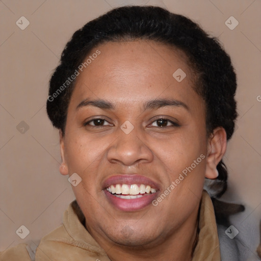 Joyful latino young-adult female with short  brown hair and brown eyes