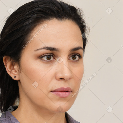 Neutral white young-adult female with medium  brown hair and brown eyes