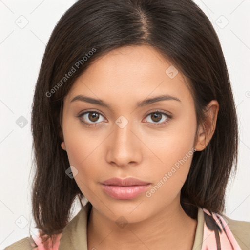 Neutral white young-adult female with medium  brown hair and brown eyes