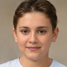 Joyful white child female with short  brown hair and brown eyes