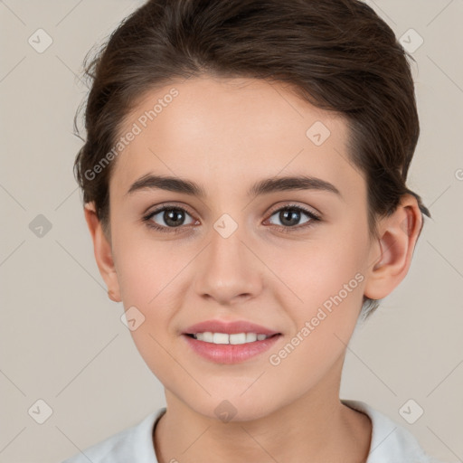 Joyful white young-adult female with short  brown hair and brown eyes