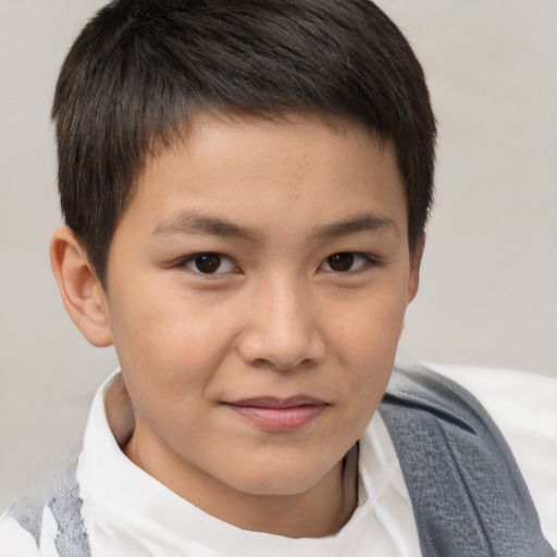 Joyful white child male with short  brown hair and brown eyes