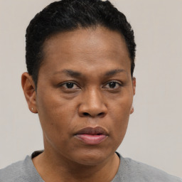Neutral black young-adult female with short  brown hair and brown eyes