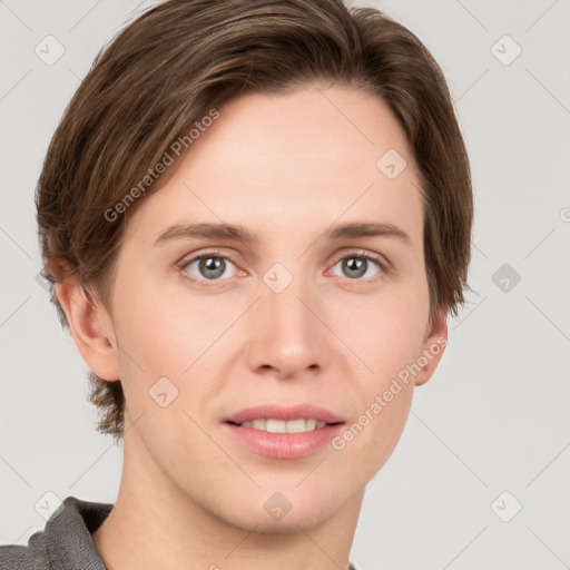 Joyful white young-adult female with short  brown hair and grey eyes