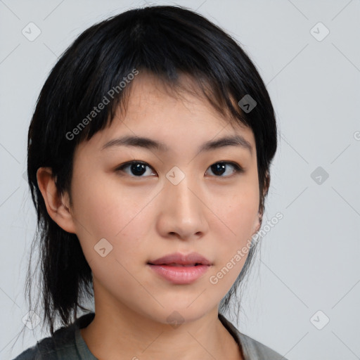 Neutral asian young-adult female with medium  black hair and brown eyes