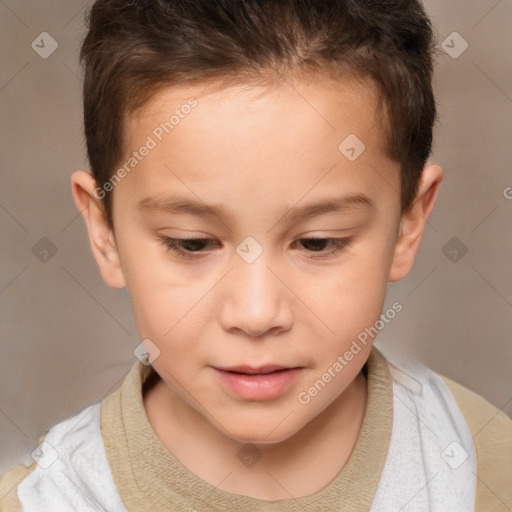 Joyful white child female with short  brown hair and brown eyes