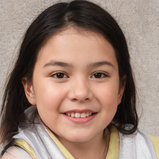 Joyful white child female with medium  brown hair and brown eyes