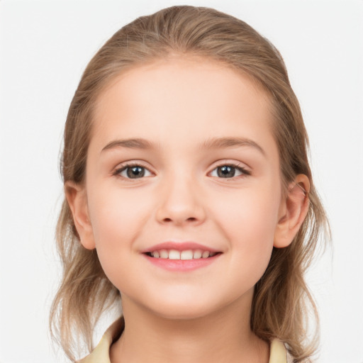 Joyful white child female with medium  brown hair and grey eyes