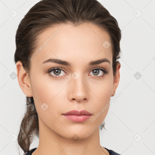 Neutral white young-adult female with medium  brown hair and brown eyes