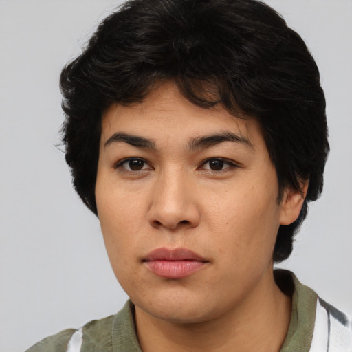 Neutral asian young-adult female with medium  black hair and brown eyes