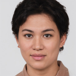 Neutral white young-adult female with short  brown hair and brown eyes