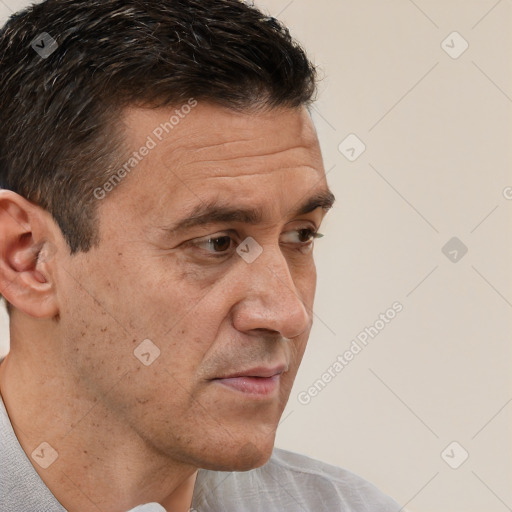 Neutral white adult male with short  brown hair and brown eyes